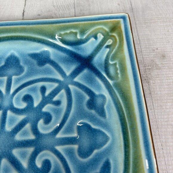 Roscher LORELEI BLUE Aqua Green Scrolls Crackle Design Square Dinner Plate Set 2 - Picture 10 of 14